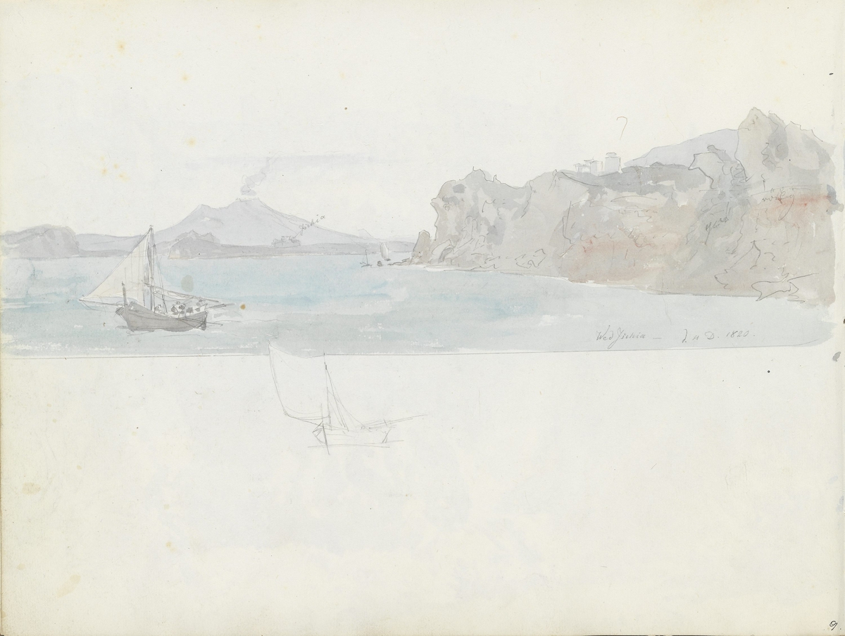 Utenfor kysten av Ischia; seilbåt [Tegning]