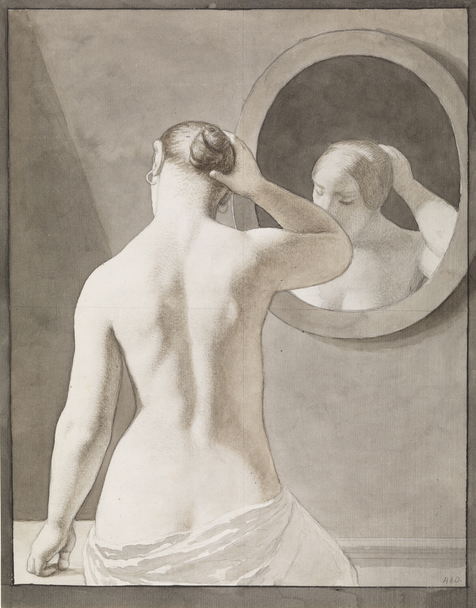 Ung kvinne foran et speil [Tegning]