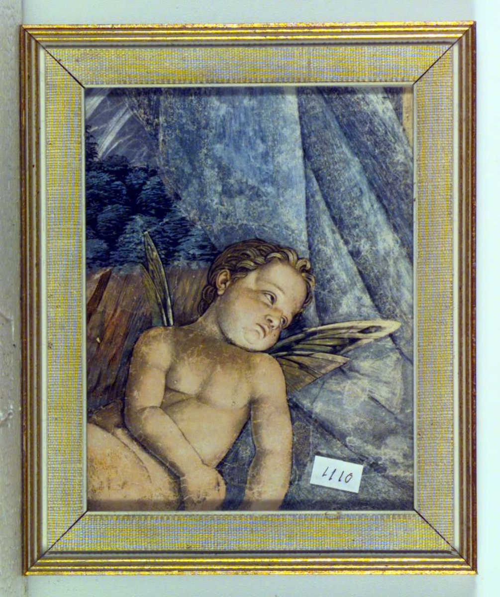 Bildet er et utsnitt av et frescomaleri og viser en liten kjerub.