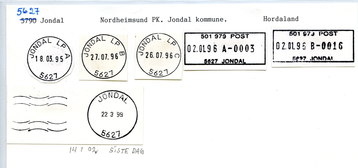 Stempelkatalog. 5790 Jondal, Norheimsund postk., Jondal kommune, Hordaland