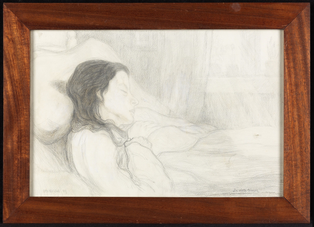 Kvinne, liggende i sengen, detalj, hode i profil,  lukkede øyne. 