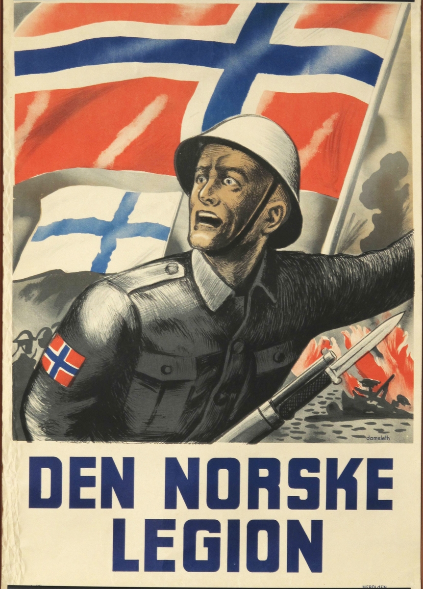 Soldat med norsk flagg på ermet med påsatt bajonett, mot en bakgrunn av norsk flagg, finsk flagg og brann. Tekst under i blått.