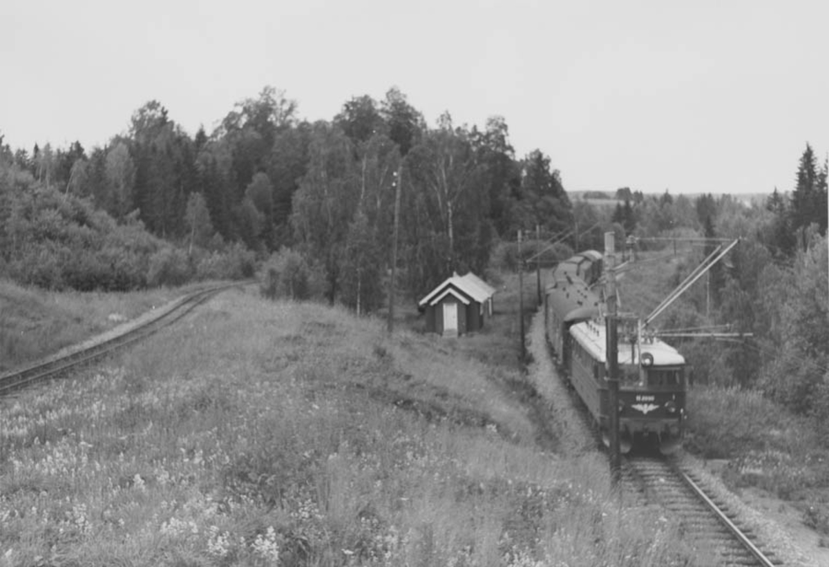 Strekn. Bingsfoss - Fossum. Persontog på Kongsvingerbanen trukket av elektrisk lokomotiv type El 11.
