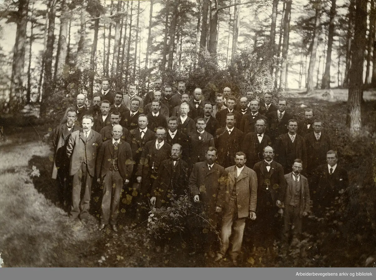 Medlemmer av Kristiania Bryggearbeideres Forenings sykekasse, "Sykeringen" på utflukt,.1895.