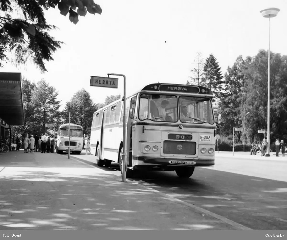 Bussrute til Herøya, Scania Vabis, nr. A-4545, BO-bussene i Skien. Turistgrupper går ut av bussen bak.