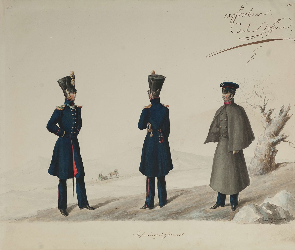Approbasjonstegning for uniformer til infanterioffiserer, 1830. Tekst: Infanterie-Officerer. Approberet Carl Johan.