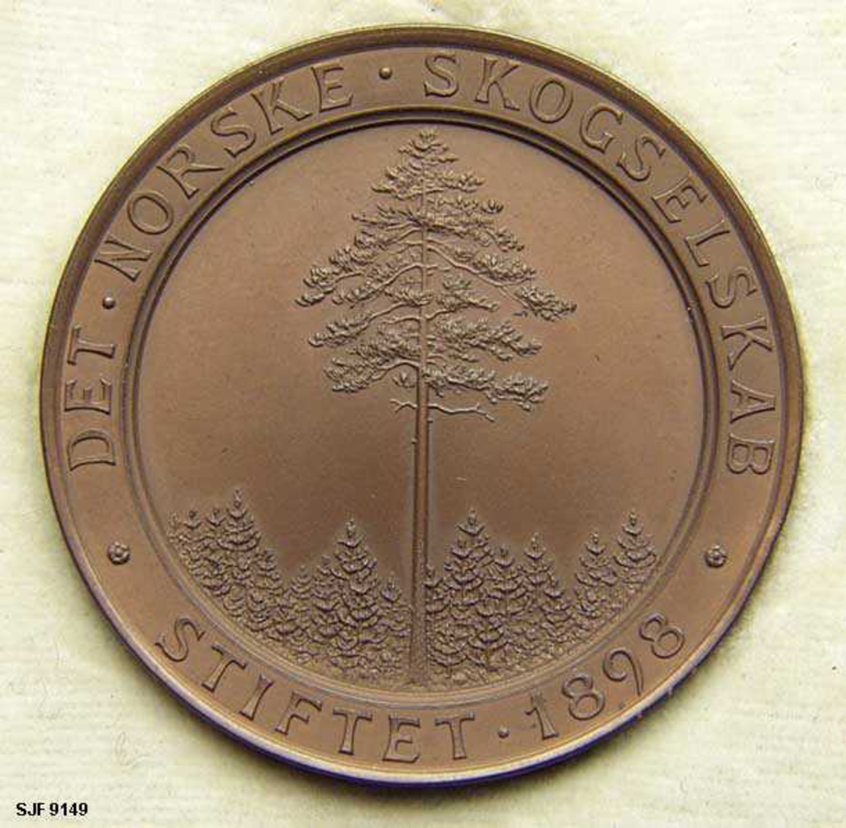 Rund bronsemedalje, lagd for Det norske Skogselskap av medaljøren Ivar Throndsen (1853-1952) på Kongsberg. Medaljen er sikrkelrund og har en diameter på 4,3 centimeter og er 3,5 millimeter tjukk. På forsida er det et relieff av ei diger furu, et frøtre, med mye underskog. Omkring dette motivet er det en sirkel med teksten «DET NORSKE SKOGSELSKAB  STIFTET 1898». På baksida finner vi mottoet «VI VIL ET SKOGKLÆDT NORGE» omringet av en sirkelformet bladkrans. Medaljen ble avlevert til museet i originalemballasjen, et svartfarget, kvadratisk etiu (6,9 X 6,9 centimeter) som er snaut 1,8 centimeter høyt når lokket er gjenklappet. Lokket er hengslet, men den sidedeveggen det er hengslet på har løsnet. På motsatt side er det en påhengslet låsemekanisme. Puta på undersida av lokket er merket med pridusentens stempel - «I. THRONDSEN  MYNTGRAVEUR MEDAILLEUR  KONGSBERG». Medaljen ligger i en skålformet forsenkning på underdelens overside.