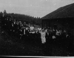 Stor gruppe bryllupsgjester, Ole Holm, Stokholm, Veldre, Rin