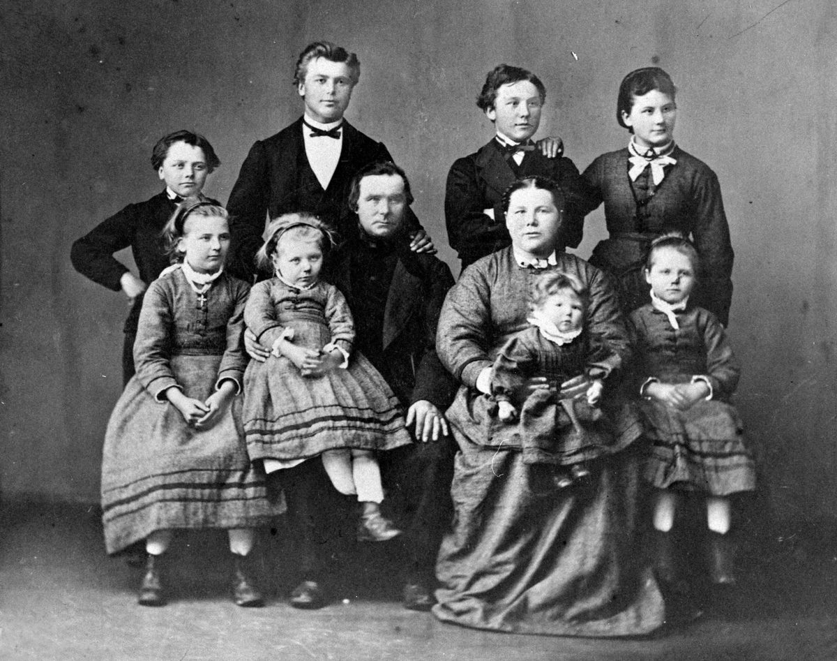 Familien Heiberg på Heiberg, Nes, Hedmark. Peder Gulbrandsen Heiberg (1828-1917), og frue Berthe Gulbrandsdatter Skjelve (1831-1919), Bak fra venstre er Martin f.1862, Gulbrand f.1854, Gustav f.1856, Gine (1858-1919). Foran fra venstre er Marie (1864-1932), Helene (1866-1892), Julie f.1873, Petra (1869-1938). Peder hadde rett til frihandel på Heiberg fra 1860 til 1870, drev også handel på Kaulum og handlet på Grundsethmartn og i Christiania. Han giftet seg med Berthe i 1853, hun var datter til Gulbrand Larsen Skjelve og Marie Kristoffersdatter født Kjos-Myhr fra Ring. Mer opplysninger om hva barna ble gift og hvilke gjøremål de fikk på reg skjema.