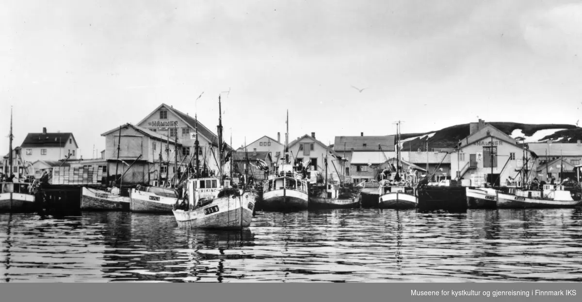 Fiskebåter ved Th. Hammers fiskebruk. Ytterst til venstre "Real 1", i forgrunnen "Viking" (Gammel-Viking), rett foran Trelastforretninga - med hekken mot - er "Orbit". Helt til høyre er "Solvang", ca 1964
