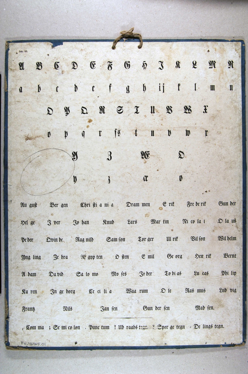 Bokstaver og ord i gotisk skrift, samt tall på siste plansje side.