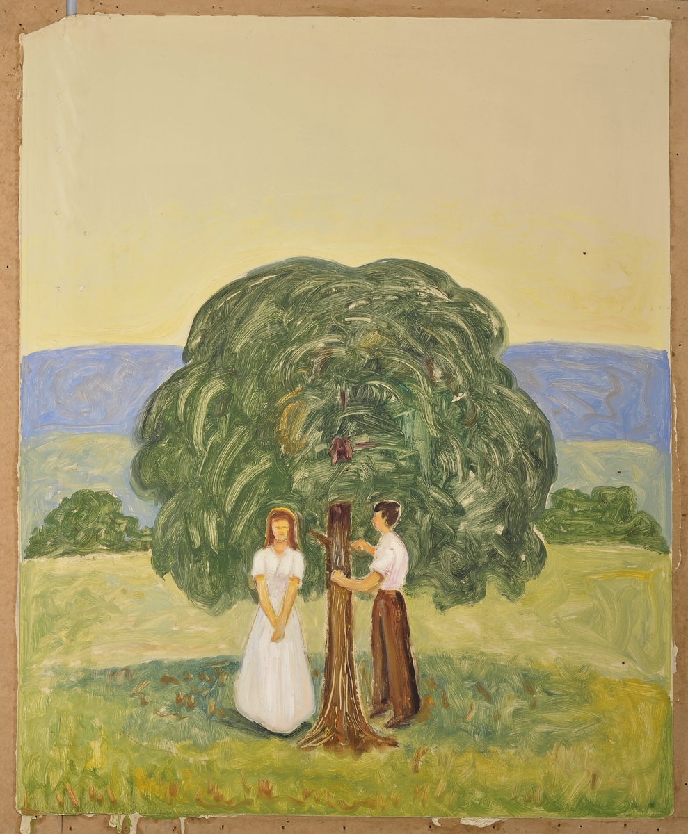 En mann og en kvinne, står på en eng under et tre.