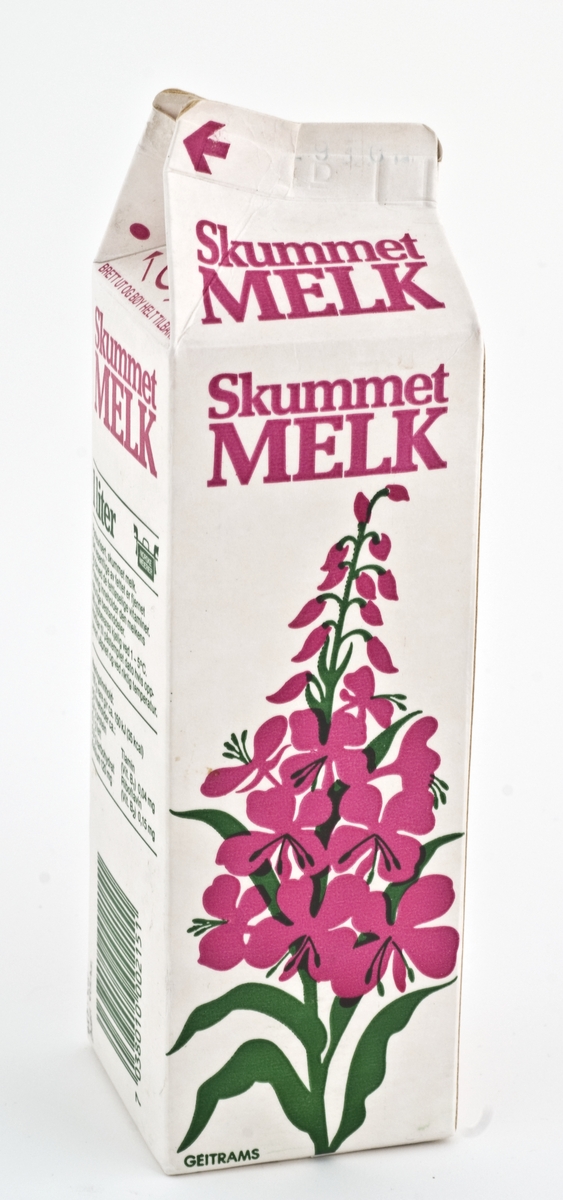 Melkekartong, liter, for skummet søt melk med geitrams-dekor.