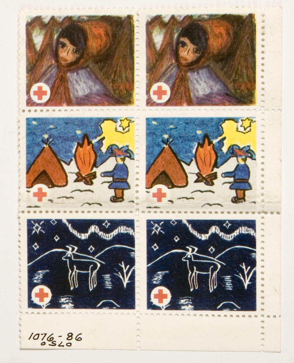 Miniark med julemerker utgitt av Røde Kors i 1966. 3 av opprinnelig 5 motiver med samisk tema.