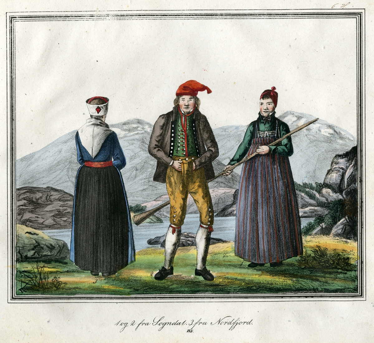 Mann omkranset av to kvinner, èn sett bakfra, èn holder lur. I folkedrakter fra Sogndal og Nordfjord. Fjell i bakgrunnen.