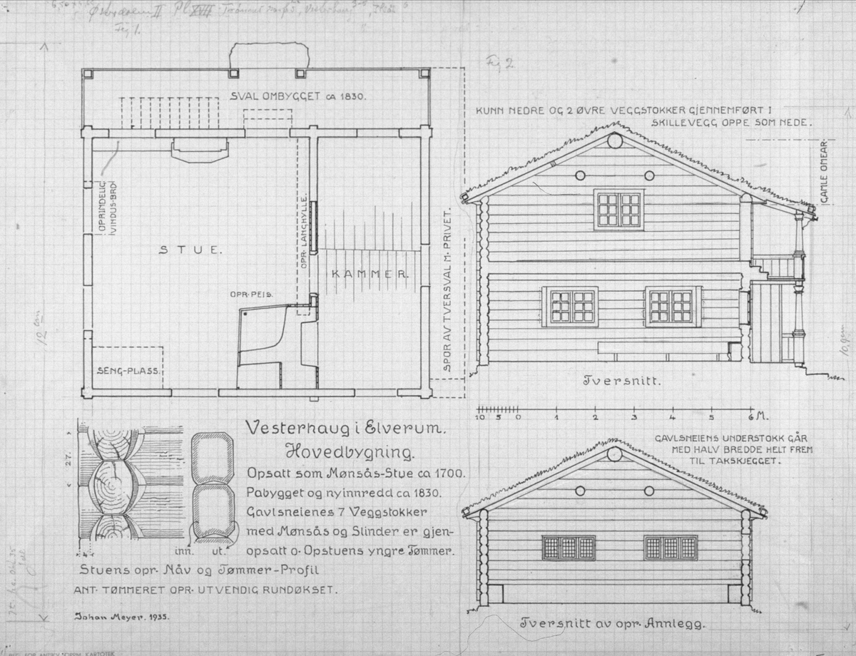 Johan J. Meyers tegning (1935) av tversnitt og grunnplan på hovedbygning, Vesterhaug, Elverum, Hedmark.