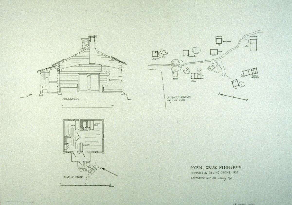 Solveig Meyers tegning (1980) av tverrsnitt og grunnplan av stuebygning samt situasjonsplan, Ryen, Grue, Finnskog, Hedmark. Etter oppmåling av Erling Gjone i 1935.