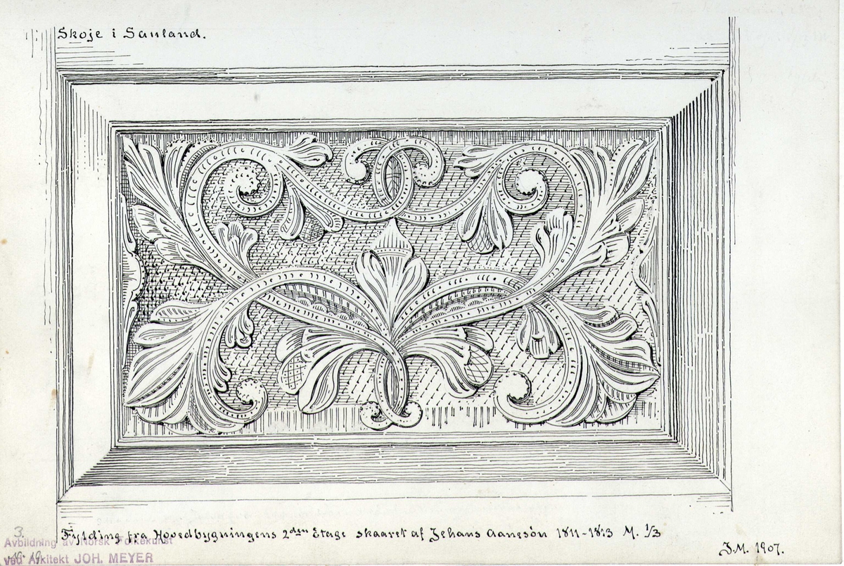Johan J. Meyers tegning (1907) av 1. hovedbygning fra 1811, 2. dørfelt skåret 1811-1813 og 3. kistebeslag fra 1791, alt fra Skoje, Hjartdal, Telemark, samt 4. framskap fra Frøland, Hjartdal, Telemark.


