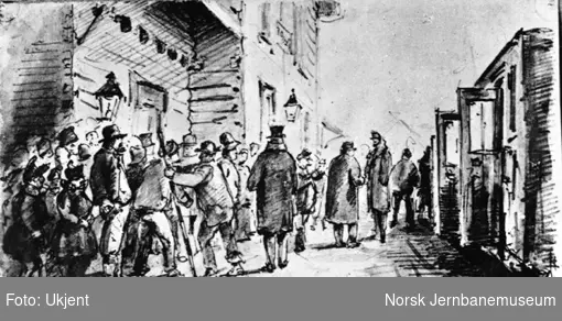 Tegning av von Hanno : Rørosbanens Aabning - Afreisen fra Tønset Station tidlig om Morgenen 13 Octr. 1877