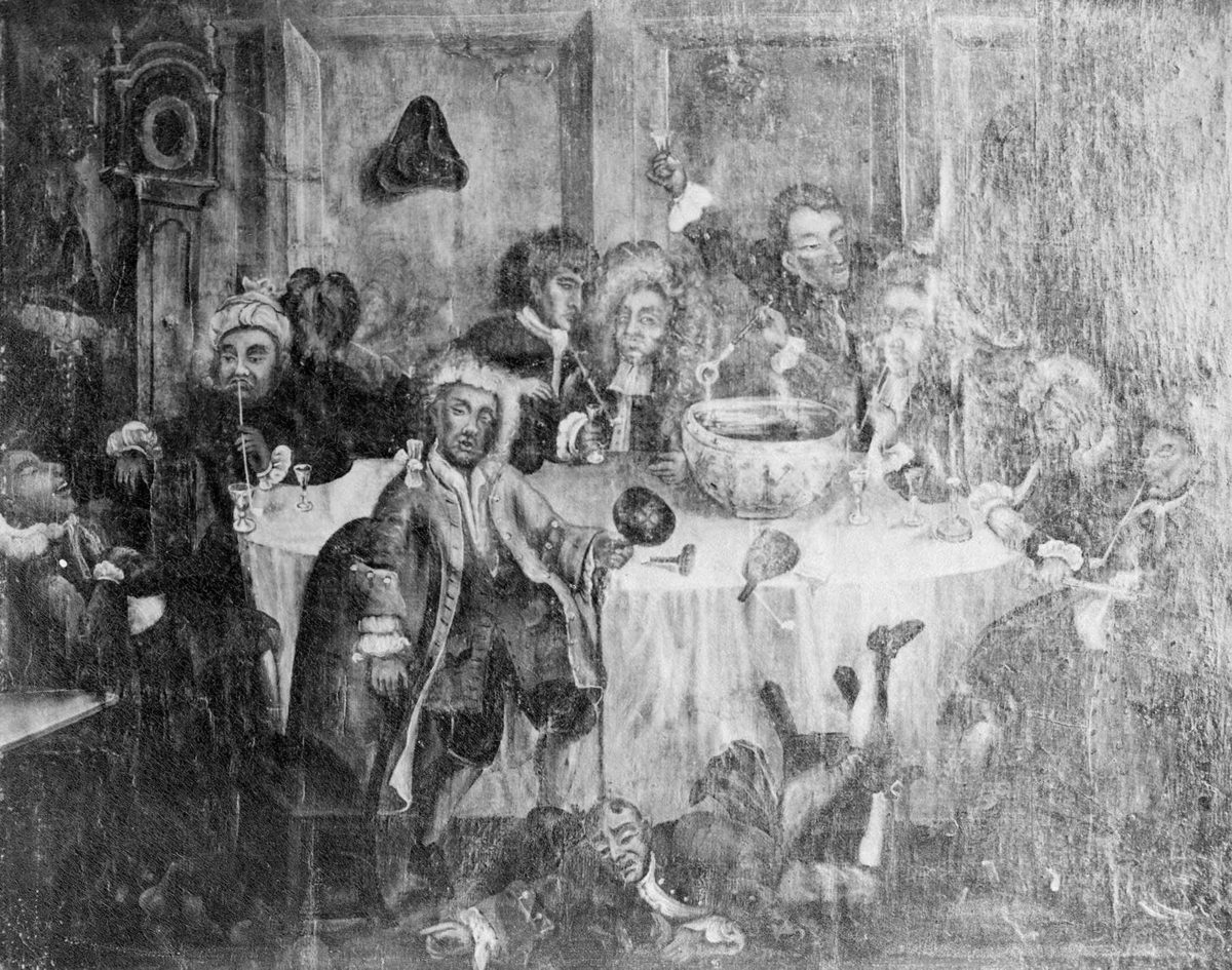 Den kulturhistoriske utstilling 1901, Norsk folkemuseum. "Et Punchegilde" malt av Peder Aadnes etter maleri av Hogarth: "A Midnight Modern Conversation.