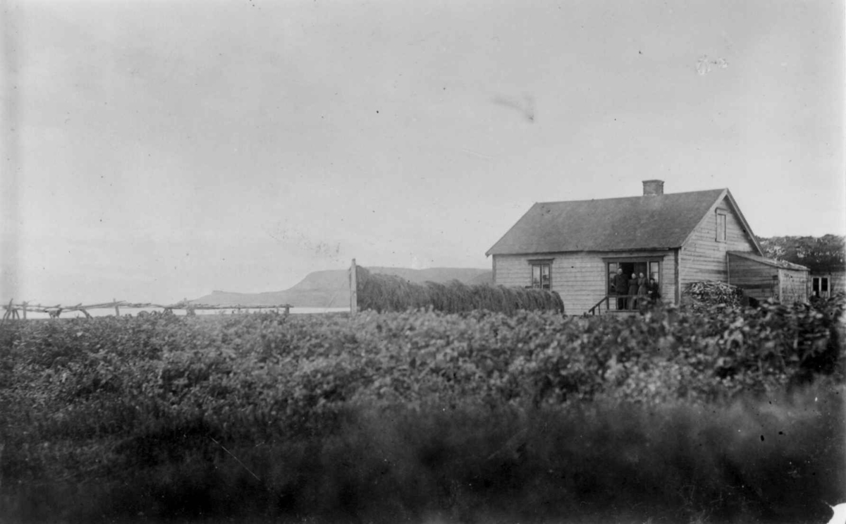 Lærer Thomas Lilleengs eiendom, Lilleeng med hustru og venner på trappen til boligen. Vestre Jakobselv, Vadsø, Finnmark, 1890-årene
