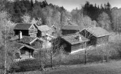 Numedalstunet på Norsk folkemuseum sett fra et tre. Fotograf