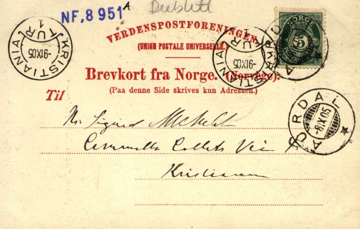 Postkort. Nordre Aurdals kikre, Frydenlund. Stemplet 08.09.1905.