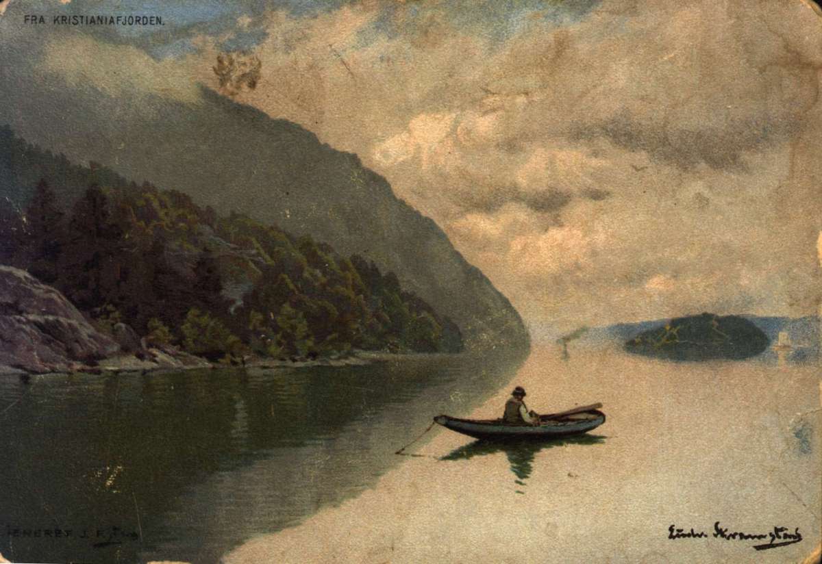 Postkort. Jule- og nyttårshilsen. Sommermotiv. Fra Kristianiafjorden. En mann sitter i en robåt. Datert 24.12.1902.