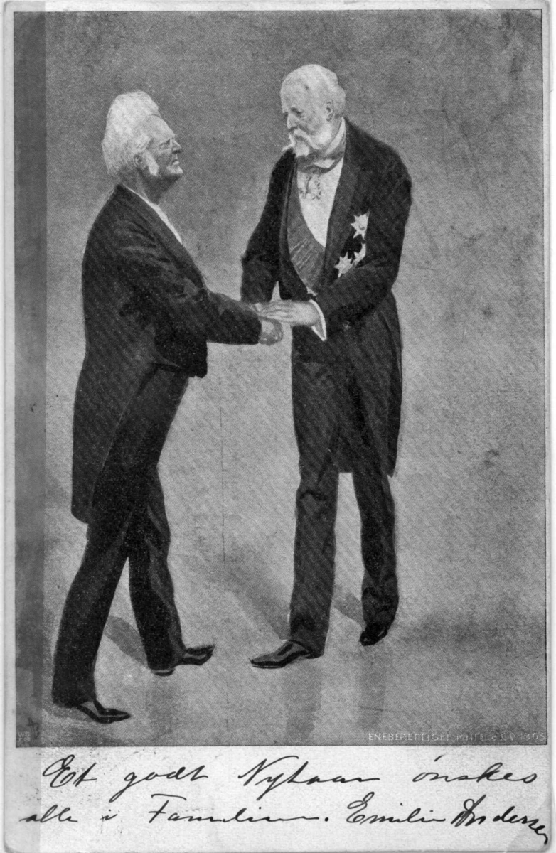 Bjørnstjerne Bjørnson (1832-1910) hilser på Oscar 2. (1829-1907). Postkort sendt 1903
