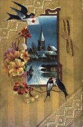 Postkort. Jule- og nyttårshilsen. Vintermotiv med kirke og k