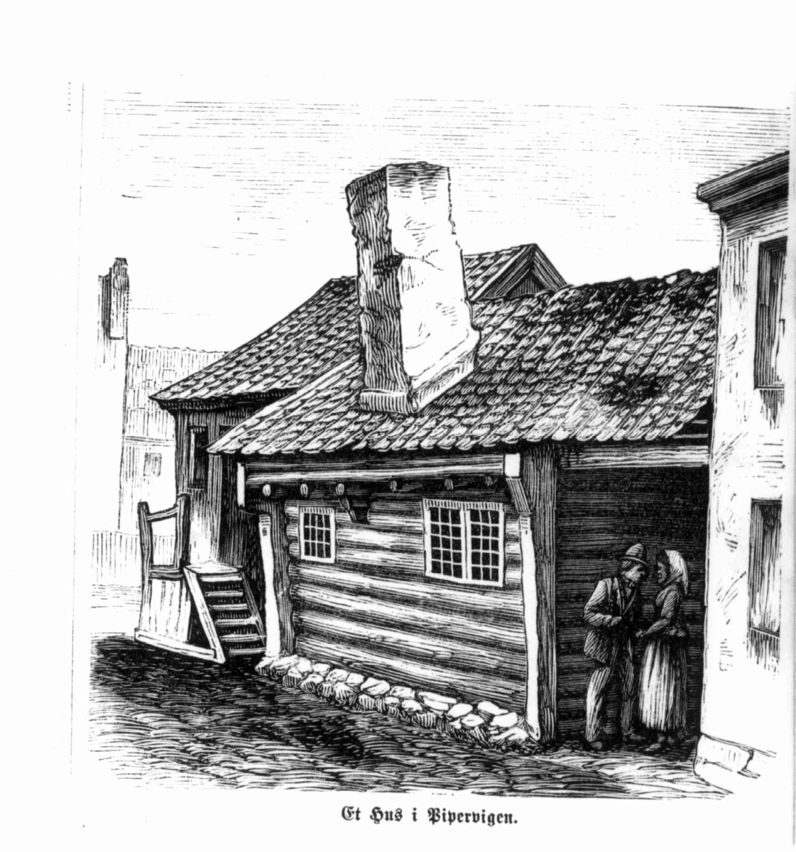 Pipervika, Oslo 1880. Tegning av gammelt hus. Avfotografert illustrasjon i Skillings-Magazin.