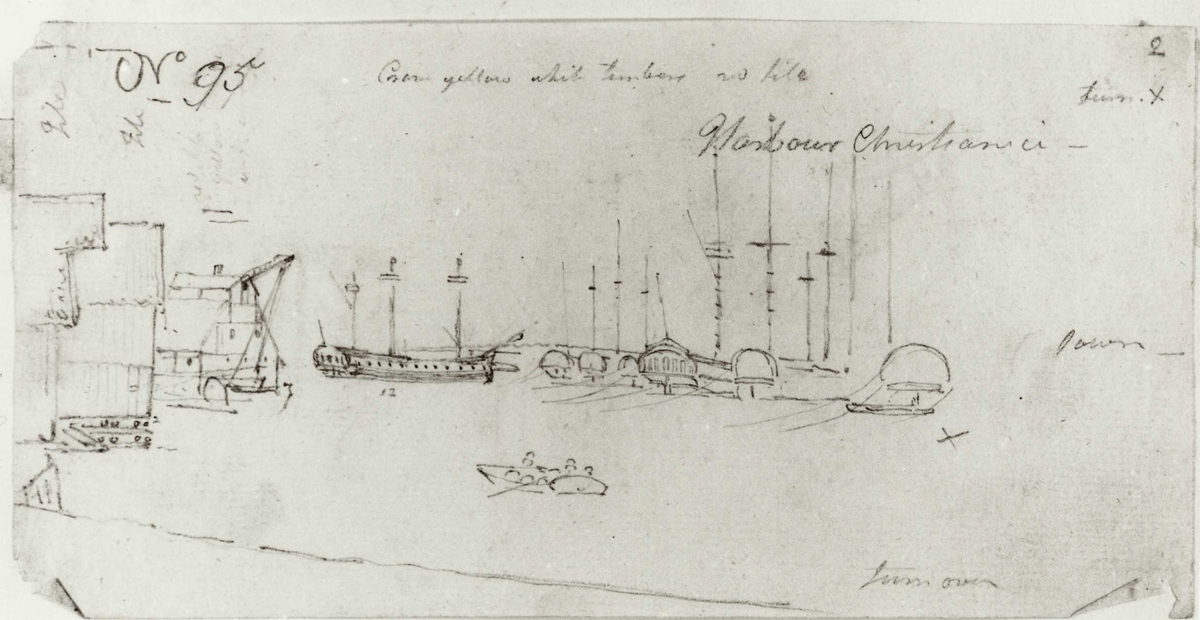Oslo. Christiania. Havnen. Blyantskisse av John Edy: Drawings  Norway, 1800. "Harbour Christiania." Skissealbum utlånt av Deichmanske bibliotek.
