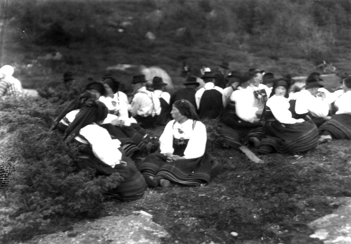 Kvinne- og mannsdrakt, gruppeportrett, Valle, Setesdal, Aust-Agder, antatt 1924. Gruppe sittende i terrenget utendørs. Fra "De Schreinerske samlinger" (skal oppgis).