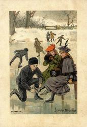 Jule- og nyttårskort. Vintermotiv. Skøyteløpere på islagt va