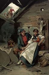 Postkort. Jule- og nyttårshilsen.Tømmerstue. Et par i folked