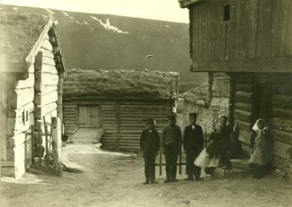 Gårdstun, Tordhol, Lesja, Oppland. Kvinne og seks barn i forgrunnen. Fotografert 1911. 
