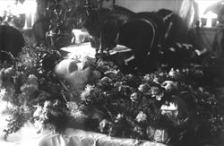 Post mortem-fotografi. Død mann i kiste pyntet med blomster.