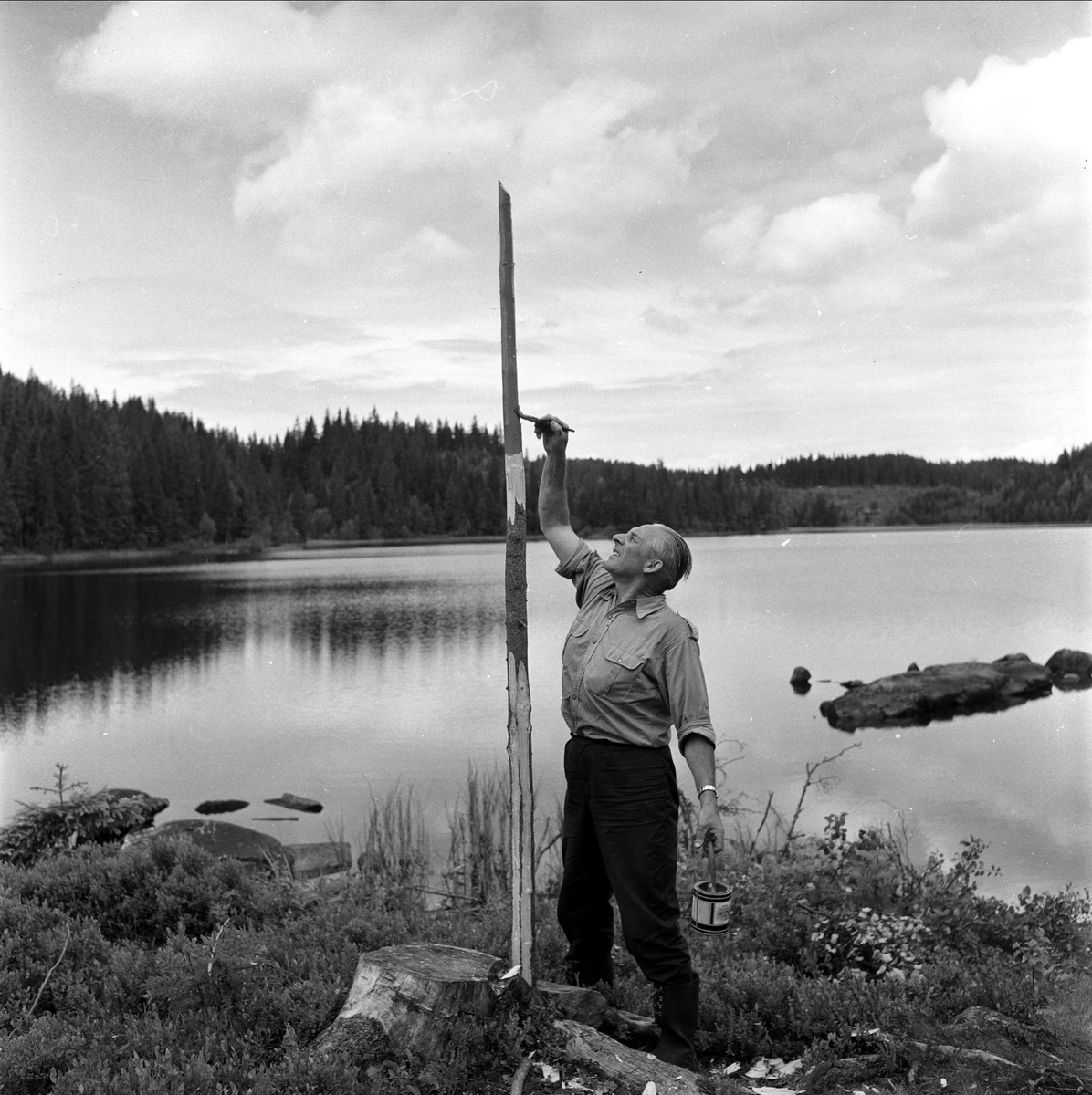 Rydding av løyper i Nordmarka. Mann maler stolpe. Oslo 1959.