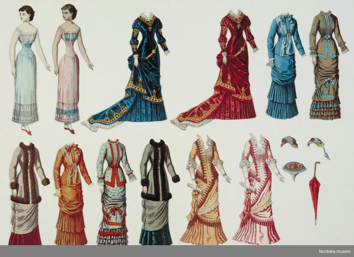 Inventering Sesam 1996-1999:
Dockar L 17 cm
Kläder L 1,5-14 cm
2 st pappersdockor med kläder tryckt i färgtryck. Papperdockorna är likadana och föreställer dam i underkläder a) i blått och b) i rosa, och har varsin uppsättning kläder som är likadana men i olika färger, båda har röda skor. Kläder; c) Blå klänning med gula detaljer, med släp, historiskt inspirerad. d) Röd klänning med gula detaljer, med släp, historiskt inspirerad. e) Ljusblå klänning med volanger. f) Brun klänning med med blå detaljer, på baksidan rester av vax (?) använt för att fästa kläderna på dockorna. g) Brun kappa, pälskantad, röd kjol, h) rödgul klänning med volanger. i) Klänning med blått mönster på vit botten, oranga detaljer. j) Grågrön kappa, pälskantad, blå kjol. k) Gul klänning med bruna detaljer, vita handskar, hållande i ihoprullade notblad, på baksidan rester av vax (?) använt för att fästa kläderna på dockorna. l) Rosa klänning med röda detaljer, vita handskar, hållande i ihoprullade notblad, på baksidan skrivet med blyerts "No 1". m) Liten hatt i gult och rött med plymer. n) Liten gul och blå hatt hakband och röd ros. o) Blombukett med vitt papper. p) Rött paraply, på baksidan skrivet med blyerts "No 1".
Tillhört givaren Berta Kerfstedt, gift Wilhelmsson född 1869.
Fler kläder till dockan finns på inv.nr. 221.894, se även 221.895-221.897.
Bilaga
Leif Wallin 1996