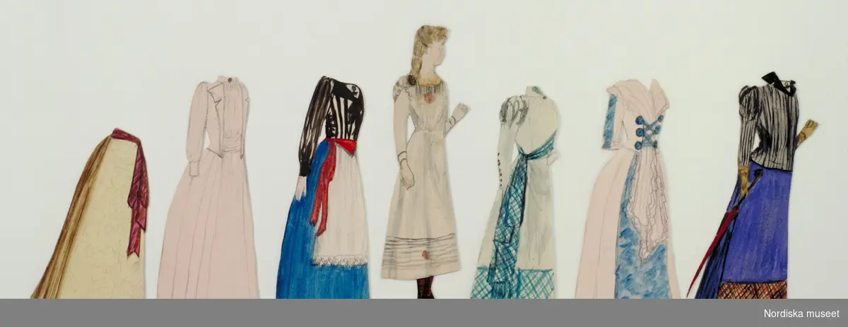 Inventering Sesam 1996-1999:
H 13,9 cm
Pappersdockan "Sigrid Brahe 16 år", pappersdocka handgjort i vit kartong, målad med akvarellfärg, klädd i vit klänning/underkläder. Till dockan hör 6 dräkter;
en vit klänning med dekorationer i blårutigt med lång ärm, en klänning med snörliv, textil dekoration framtill, blå textildekorationer på ärm och framtill på kjolen, en dräkt med ett svart- och grårandigt liv och en blå kjol med rutig dekoration nertill, en blus i svartrandigt tillsammans med en blå kjol och vitt förkläde, en kjol med violett skärp och en omålad klänning.
Har tillhört systrarna Anna (född 1877) och Märta (född 1878) Drake af Hagelsrum. "De brukade rita pappersdockor tillsammans med målarinnan Eva Bagge, som var några år äldre". (citat efter givarens brev).
Anna Drake var givarens mor
Bilaga
BN
Helena Carlsson 1996