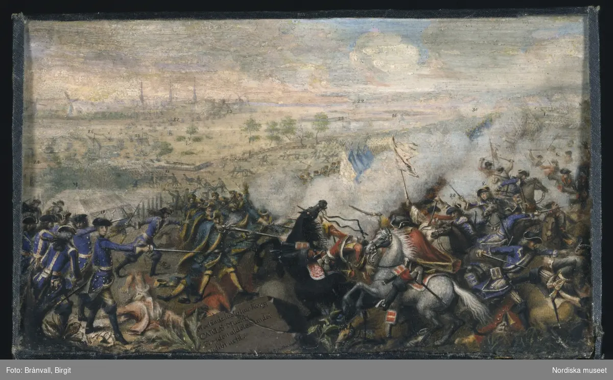 Oljemålning: Övergången av Düna 9 juli 1701. Stridsscen mellan svenska drabanter och sachsiska soldater efter övergången av Dünaströmmen.