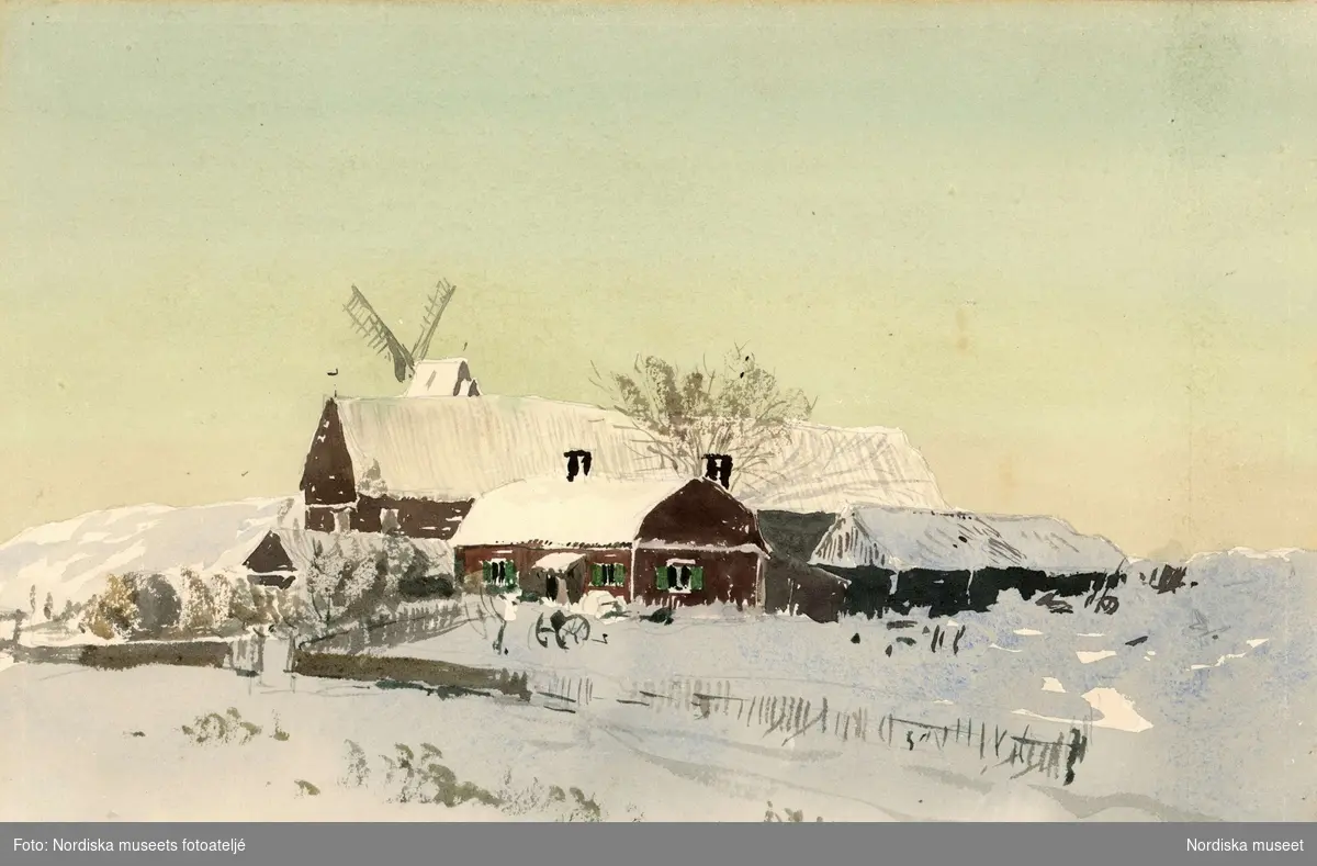 Akvarell av A T Gellerstedt. Vinterlandskap med byggnader och kvarn. Signerad  30/12 77 A.T.G.