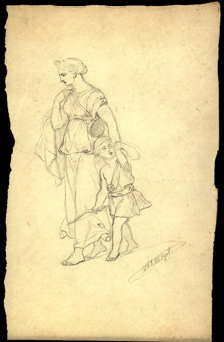 Kvinna och barn i antikiserande dräkt. Teckning av Fritz von Dardel.