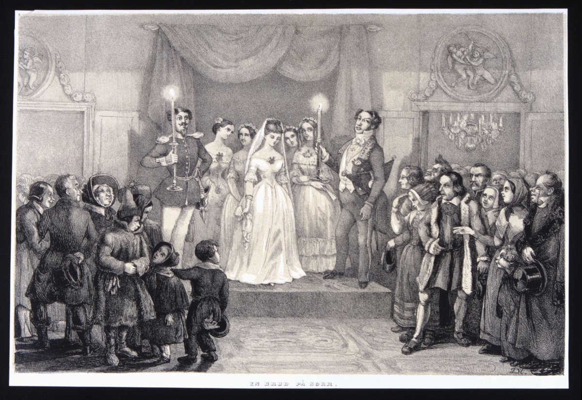 "En brud på norr". En brud med tärnor i sal med gäster. Två män lyser upp bruden med två stora ljusstakar. Litografi av Fritz von Dardel, 1830-/-40-tal.