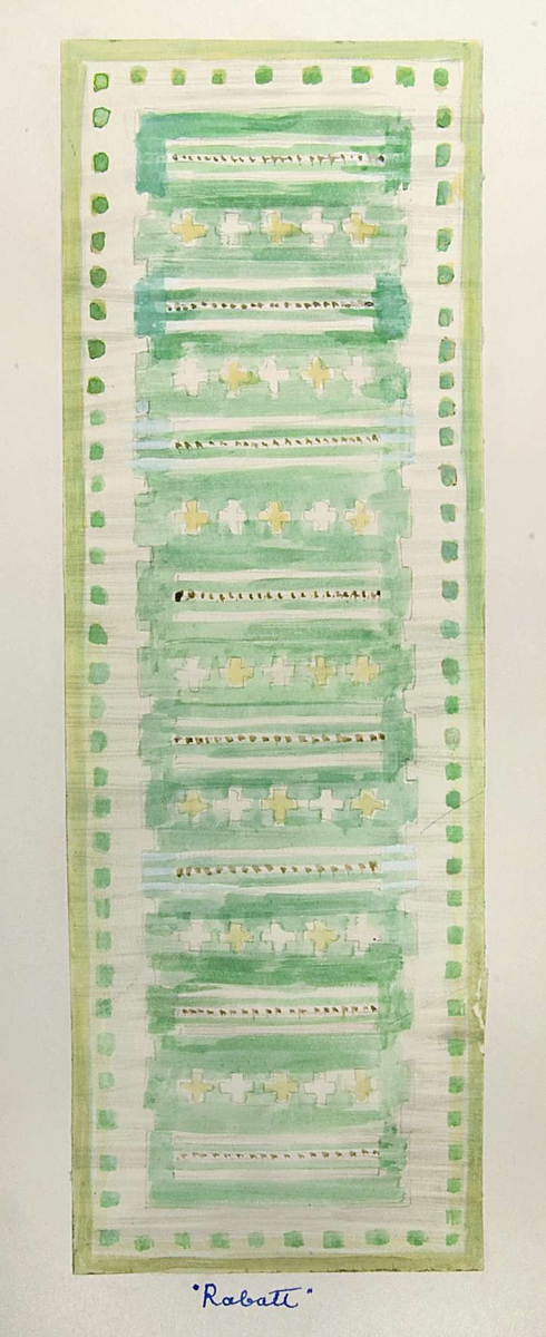 24 skissförslag till röllakansmattor och ryamattor. Skisserna är gjorda med vattenfärg på papper som sedan klistrats upp på 19 pappskivor. På pappskivorna finns information om att formgivaren heter Ingrid Skerfe-Nilsson. Ibland finns även information om vad skissen heter och när den är gjord: "Grön ripsruta" från 1948, "Midsommarkrans", "Spalje" från 1948, "Nygifta", "Dagny-mattan III" från 1949, "Dagny-mattan", "Kulla ruta" från 1951, "Småblommor", "Krokus" från 1946, "Bikupan", "Timglas och livet" från 1949, "Ingridmattan" från 1949, "Ramsta-mattan" från 1949, "Rabatt" från 1946, "Ostrutan" och "Rhea-mattan".