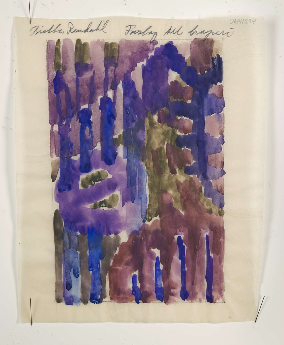 Sju skissförslag till draperier. Skisserna är gjorda med vattenfärg och oljekrita på papper och mönsterpapper. På sex av skisserna står "Britta Rendahl. Förslag till draperi".