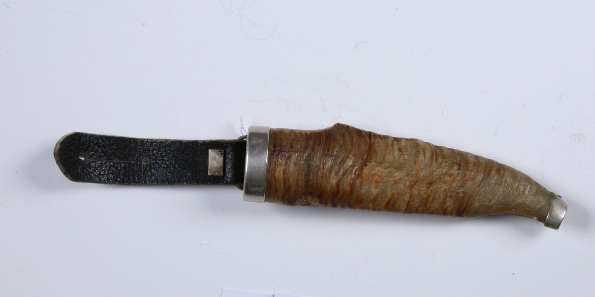Form: rett, skrukket bukkehorn i naturform, smal holk og liten, butt dobb av nysølv - enkel beltestropp i hempe, enkeltsplitt, platenagle.

