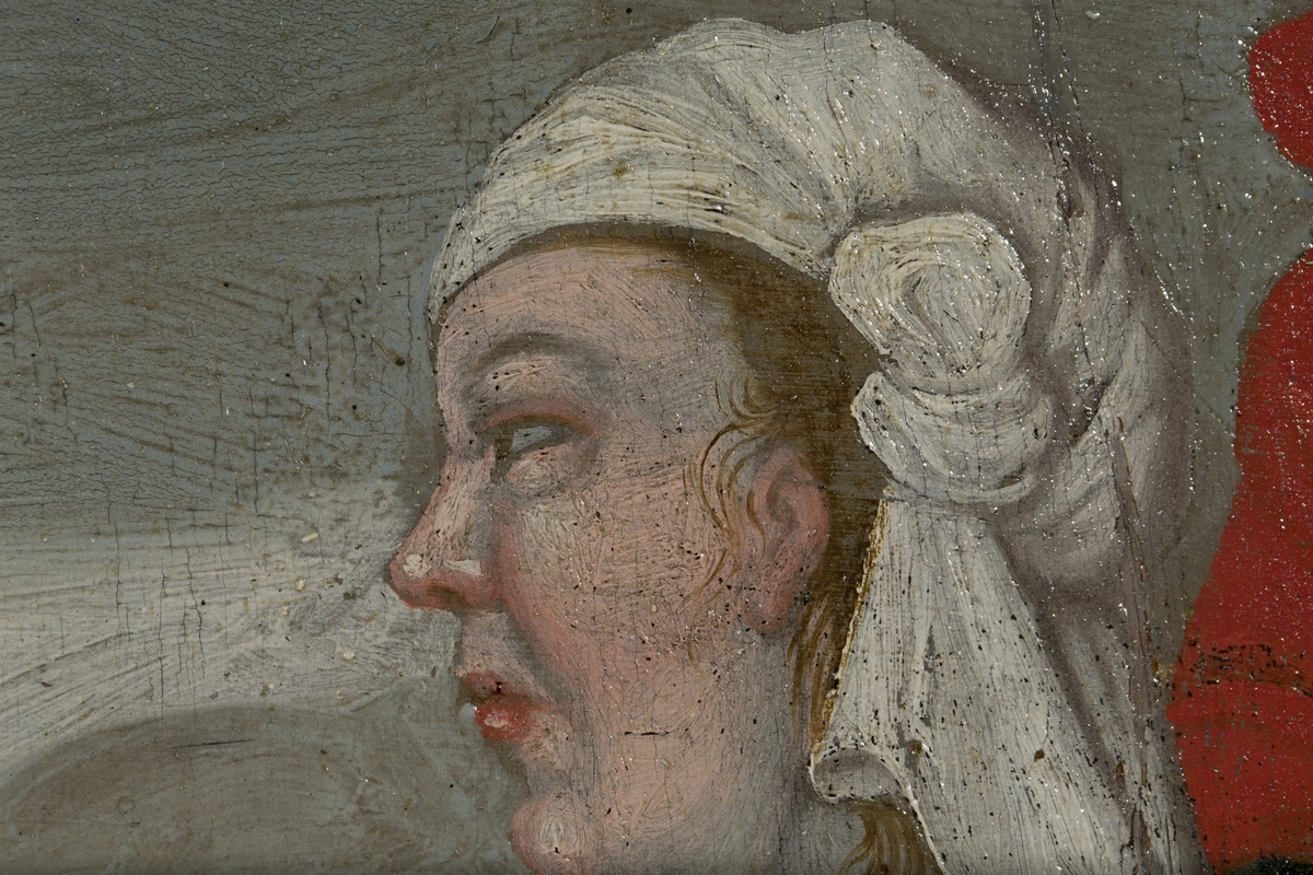 Fra katalogkort:
"Bildet ved innkomsten delvis dekket av sort maling. Behandlet i 1923 av malerikonservator G. Gotaas. Baksiden av platen har vært benyttet som hakkefjel. Rammen delvis fornyet og nå også oppmalt med sort limfarge. Bildet har opprinnelig vært innpasset i større dekorativ ramme. Ukj. opprinnelse og maler, likeså familie, må stamme fra tiden omkring 1650. Adam van Breen sies å ha oppholdt seg i Christiania 1629-42. (Østby: Norsk portretter). 
Sml. epitafium av viseadmiral Jørgen Bjørnsen m.fam. i Holmen k.
Sml. epitafium av Ole Torgersen, prest til Bjørnå, ca. 1637-79, med hustru og 8 barn; særlig pikene har stor likhet. (Roan k.).
Jfr. Grevenor: Norsk malerkunst, s. 175: Adam van Breen?
NF Årsberetning 1923-24."