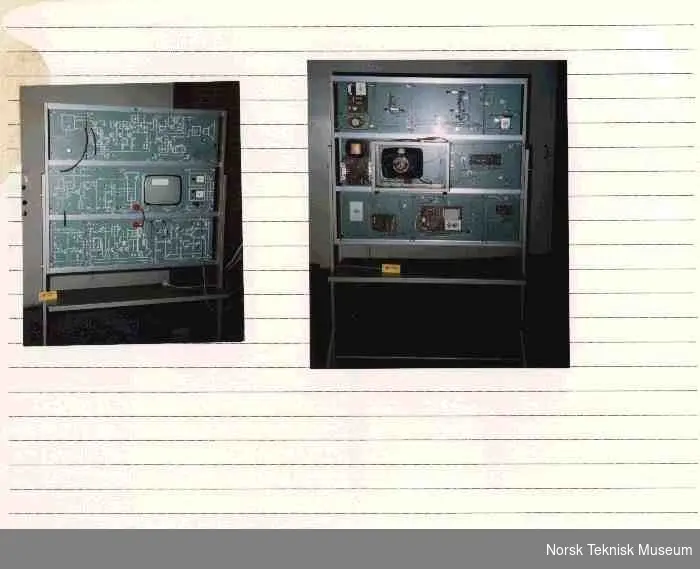Tavle for undervisning som viser komponentene i et svart / hvitt TV- apparat.
