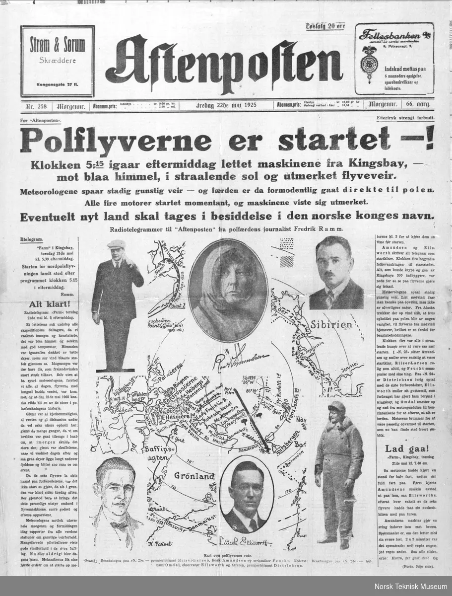 Faksimile av forsiden av Aftenposten fra fredag 22. mai 1925 hvor hovedoppslaget var "Polflyverne er startet -!"